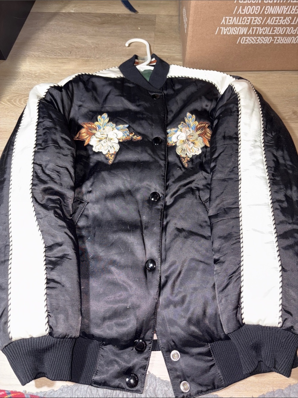 Black Embroidered Bomber Jacket with Cream Sleeves